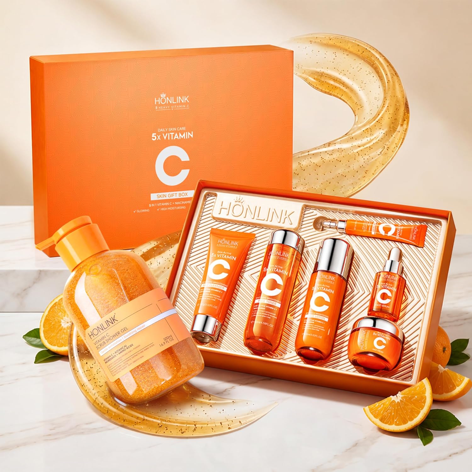 6-Piece Hydrating Vitamin C Skincare Set with Niacinamide, Daily Face Care Routine Includes Cleanser, Toner, Serum, Moisturizer, Eye Cream & Body Lotion for Self Care