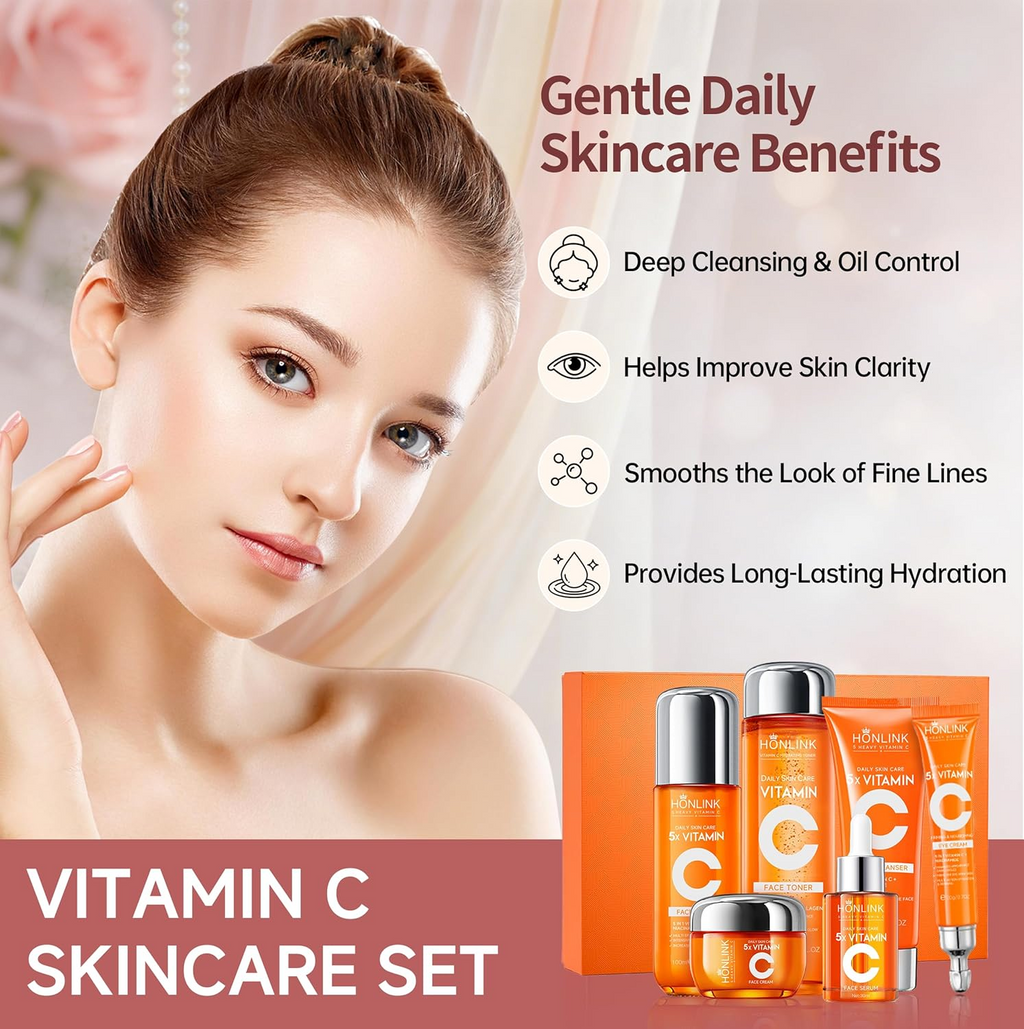 6-Piece Hydrating Vitamin C Skincare Set with Niacinamide, Daily Face Care Routine Includes Cleanser, Toner, Serum, Moisturizer, Eye Cream & Body Lotion for Self Care