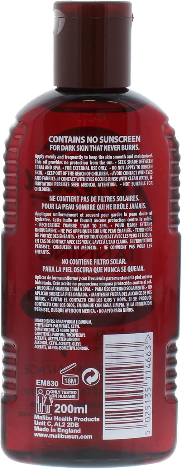 Malibu Sun Fast Tanning Oil - Tan Accelerator for Outdoor/Tanning Bed, Beta Carotene Carrot Extract & Vitamin E for Moisture & Hydration, Water-Resistant, Coconut, Cruelty-Free (6.8 Fl Oz)